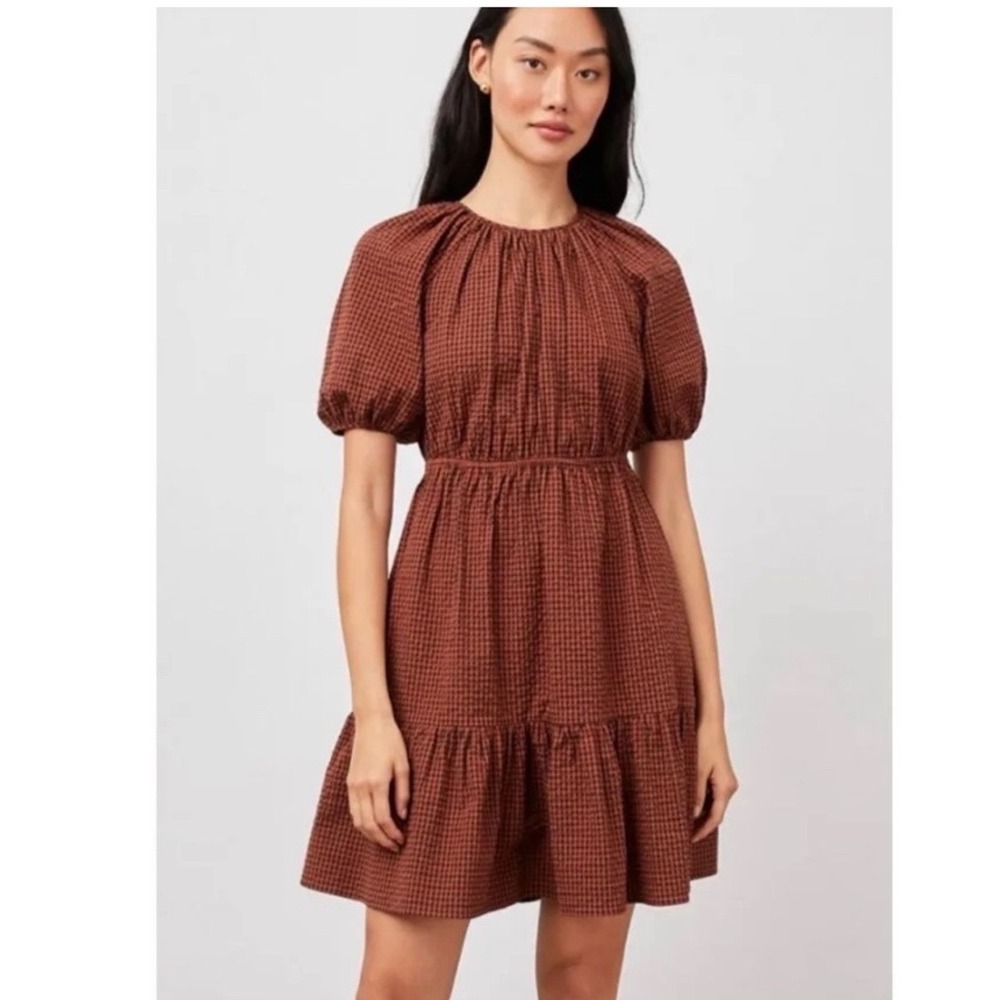 Rails Women Rust Black Gingham Puff Sleeve Tiered Mini Dress Small